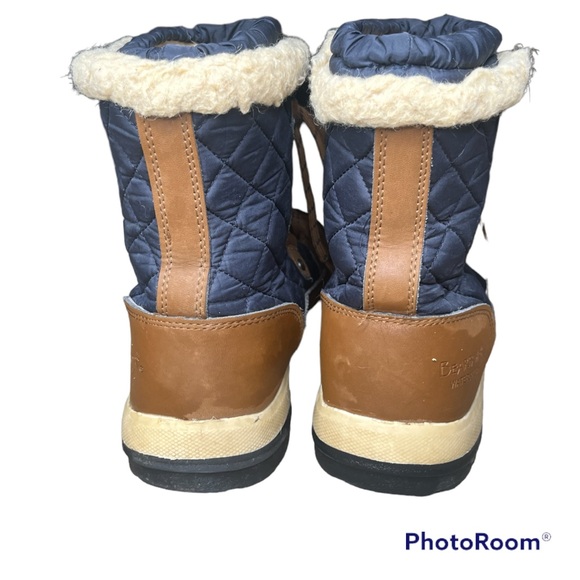 BearPaw Bethany Size 10 Navy Blue & Leather Brown Winter Ducks Boots Sherpa - Picture 5 of 7
